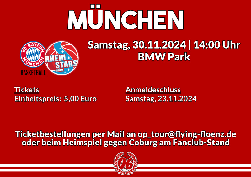 Ticketinfos für das Auswärtsspiel der Rheinstars Köln beim FC Bayern München II am 30.11.2024.