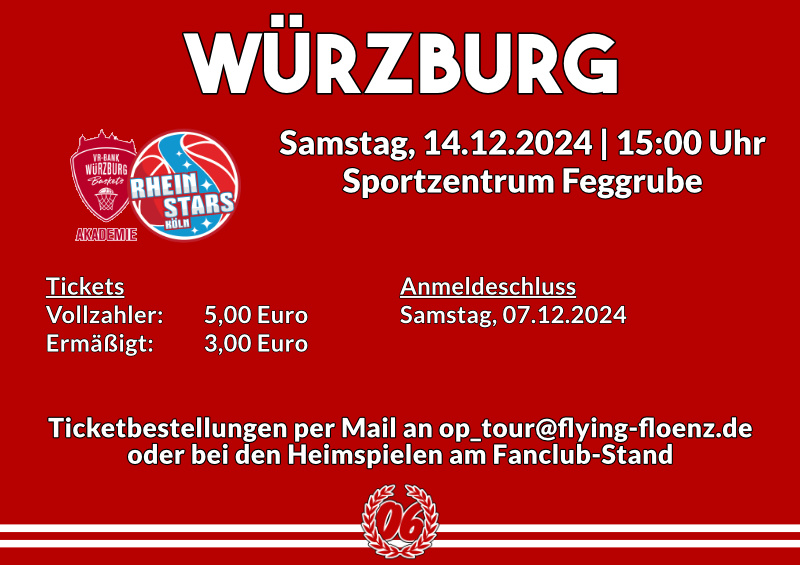 Ticketinfos für das Auswärtsspiel der Rheinstars Köln bei den Würzburg Baskets II am 14.12.2024.